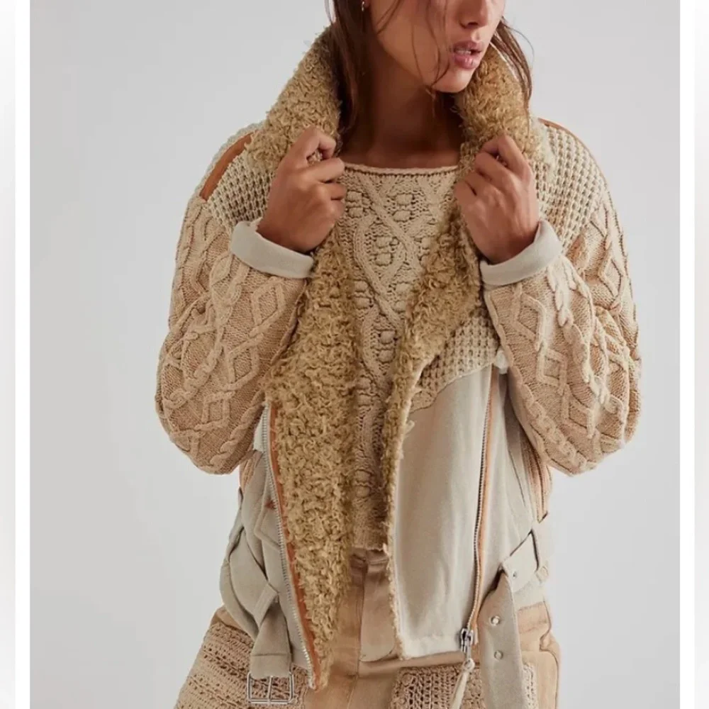 Free People Cozy Knit Mix Moto Jacket Winter White Sz S NWT - Picture 4 of 14